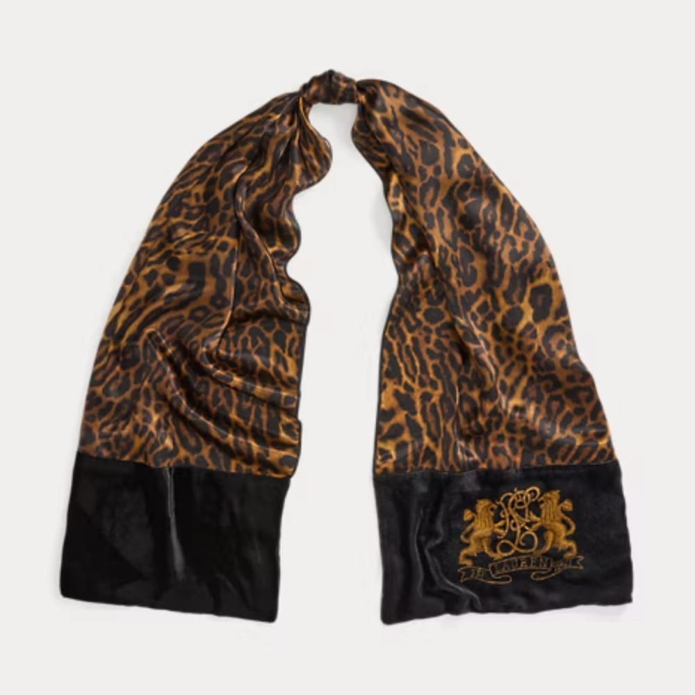 Ralph Lauren Lauren Silk-Blend Leopard Print Logo Scarf - NWT and Gift Packaging